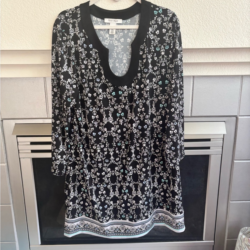 WHITE HOUSE BLACK MARKET Black and White Floral Dress Tunic with Turquoise XL